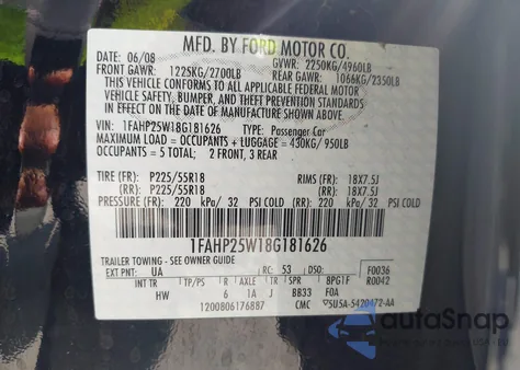 2008 Ford Taurus Limited z USA, uszkodzony, nr VIN 1FAHP25W18G181626